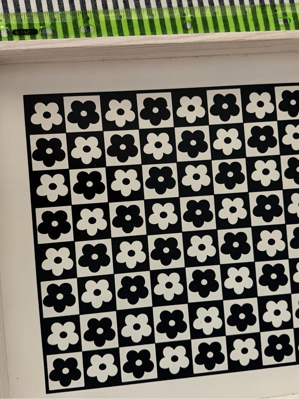 Target Black & White Floral Checkerboard Art Print tray with 2 handles 11 inch